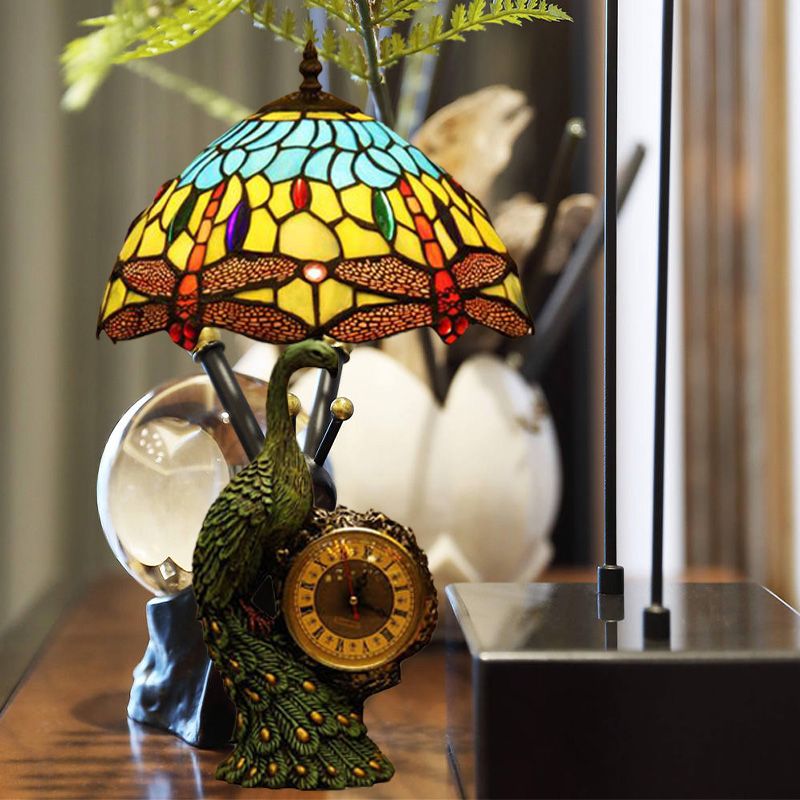 1-Bulb Dragonfly Night Lamp Mediterranean Light Blue and Yellow Cut Glass Nightstand Light with Peacock and Clock Deco