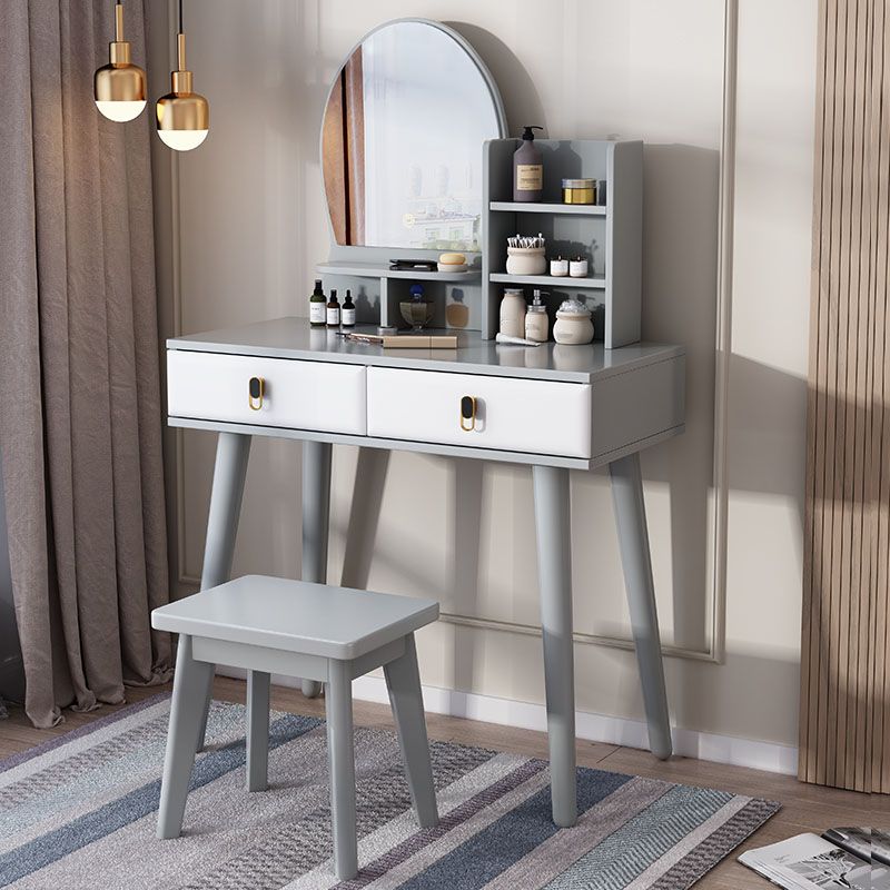 Mirror Table Dressing Table Solid Wood Make-up Vanity with 2-Drawers
