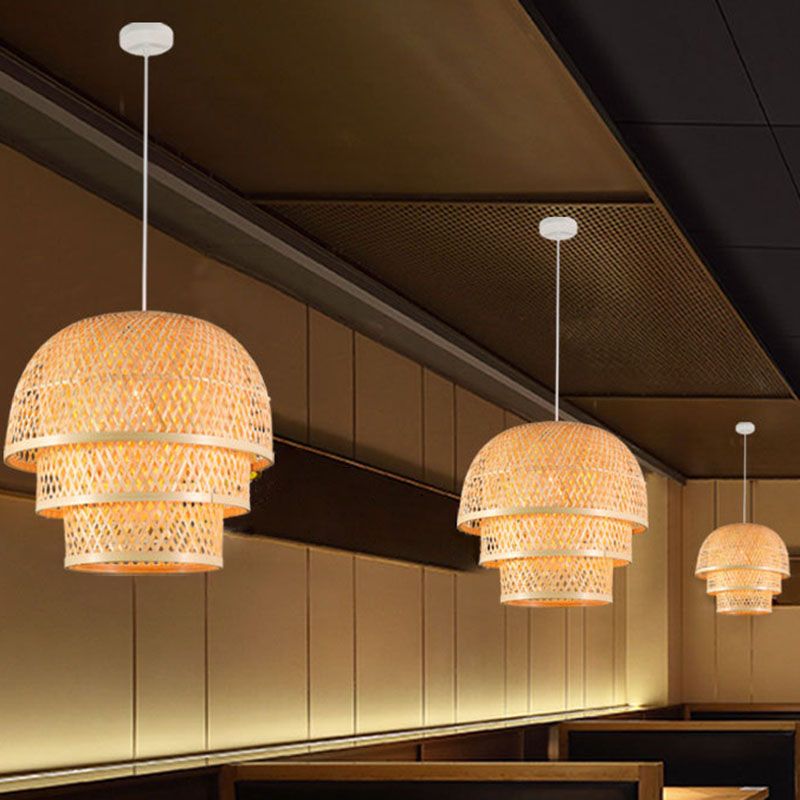 Single Restaurant Down Lighting Pendant Asian Wood Hanging Lamp with Tiered Bamboo Shade