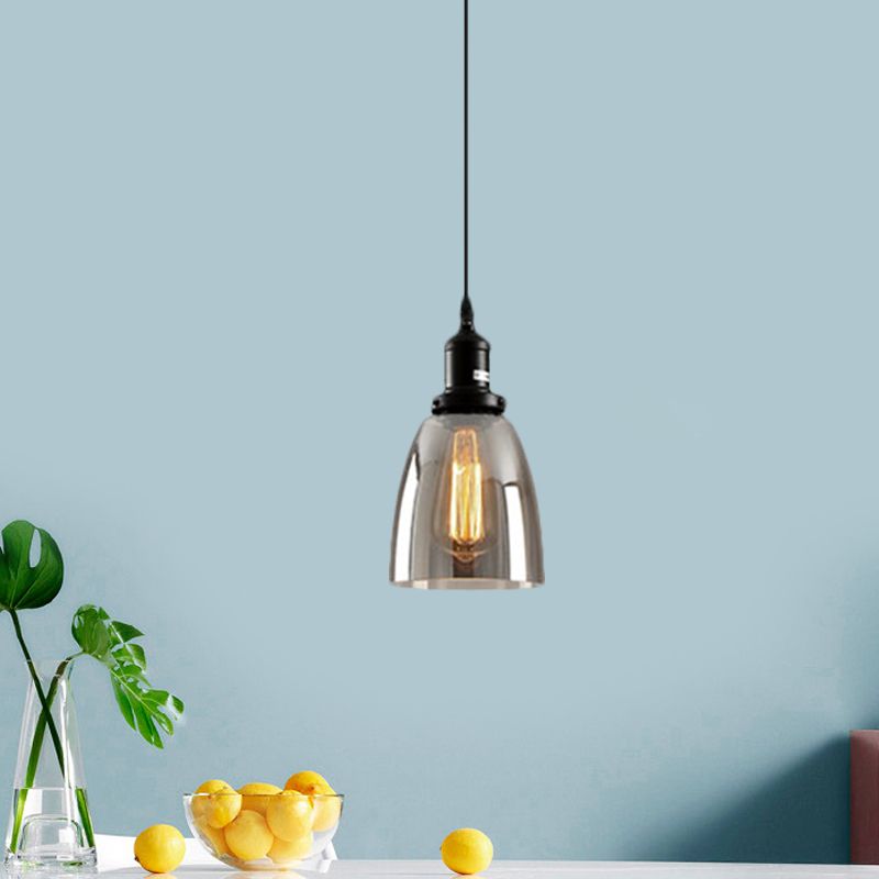 Black 1 Light Ceiling Pendant Light Industrial Smoked Glass Cone/Dome Hanging Lamp for Living Room