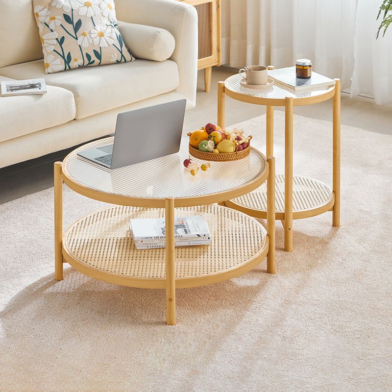 Tropical Coffee Table Glass 4 Legs Storage Round Coffee Cocktail Table