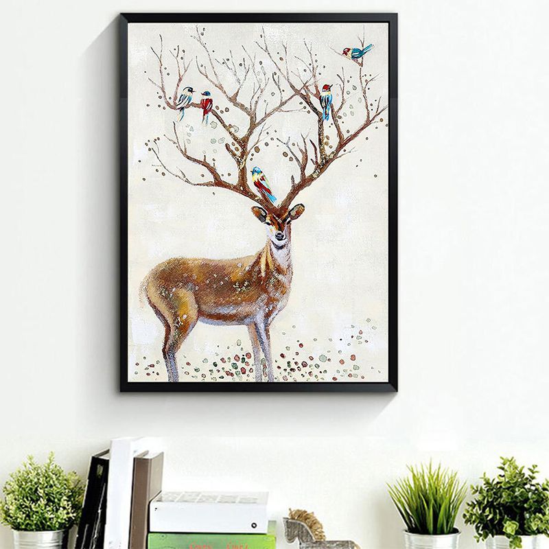 Brown Deer Painting Wall Art Textured Surface Canvas Print for Childrens Bedroom