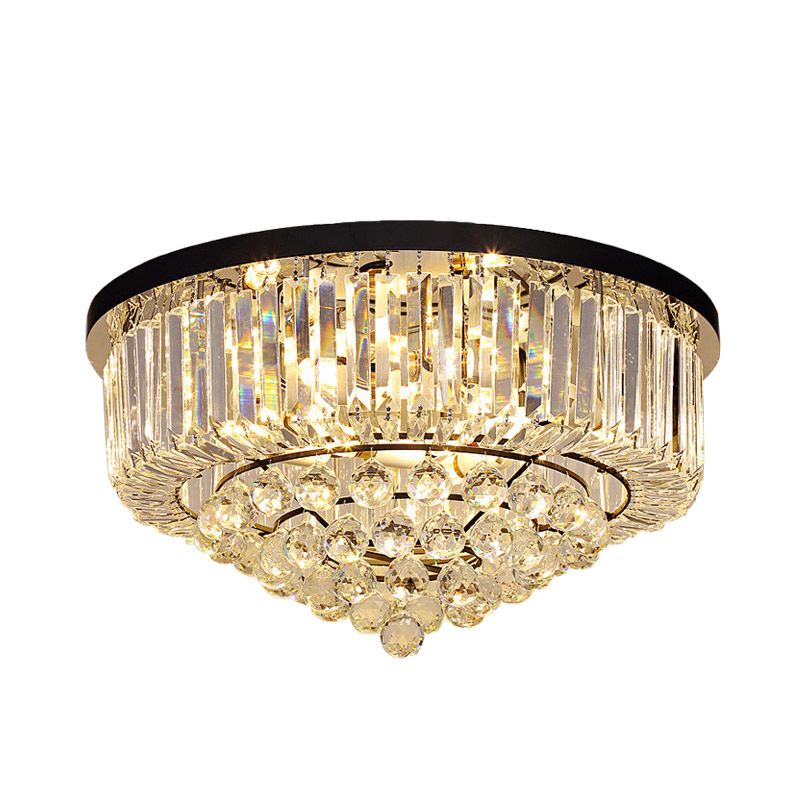 Drum Flush Mount Light Contemporary Tri-Sided Crystal Rod 4/6/9 Heads Black Ceiling Light Fixture, 14"/18"/23.5" Wide