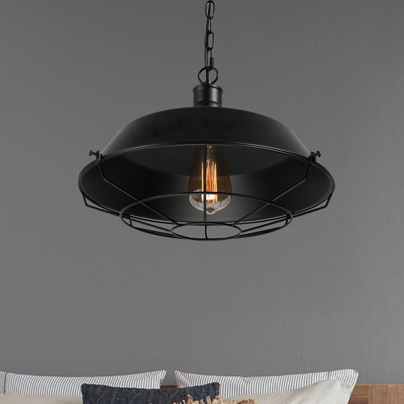 Farmhouse Stylish Barn Ceiling Light Fixture with Cage Shade 1 Bulb Metallic Pendant Lamp in Black, 10"/14"/18" Diameter