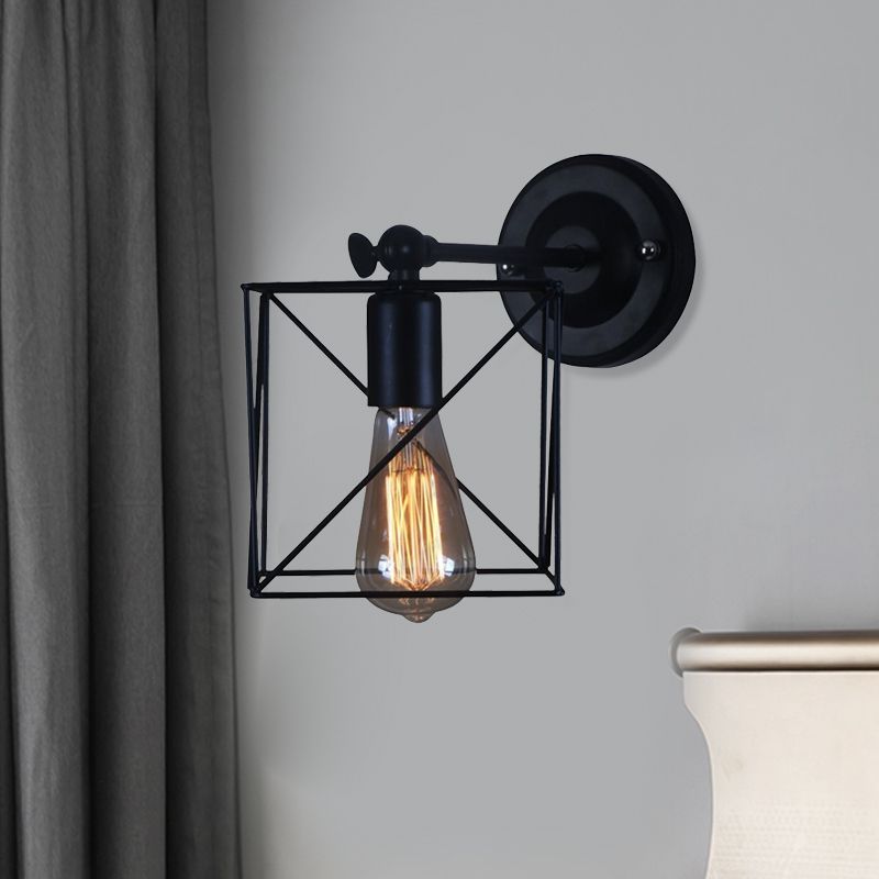 1 Head Metal Wall Lighting Antique Style Black Squared Cage Shade Bedroom Wall Mounted Lamp