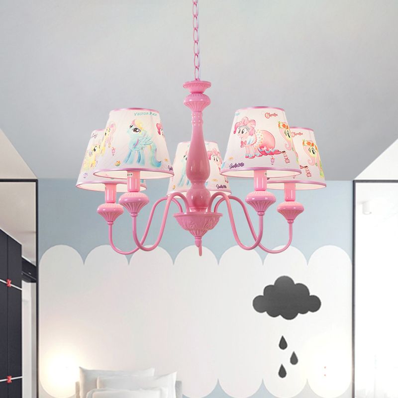 Kids 5/6-Light Hanging Chandelier Pink Barrel Suspension Pendant Light with Fabric Shade for Nursery