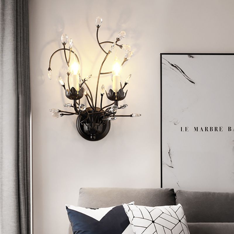 Applexion de fleur noire Lumière antique 2 lumières Mont en métal Mount Lumière avec accent en cristal pour le salon