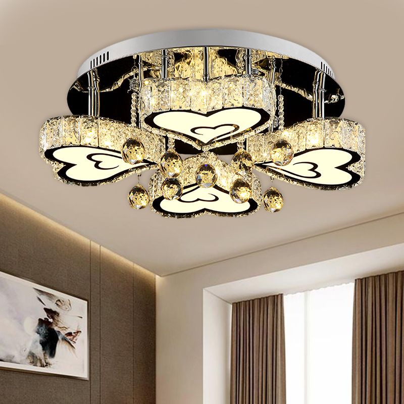 Loving Heart Bedroom Ceiling Fixture Faceted Crystal LED Contemporary Flush Mount Lamp in Chrome