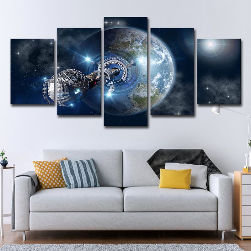Fictional Earth Space Station Art Print Canvas Multi-Piece Dark Blue Wall Decor for Room