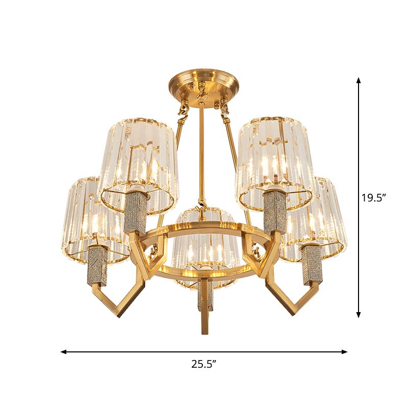 6 Heads Crooked Arm Semi Flush Modern Gold Clear Crystal Tapered Shade Ceiling Light