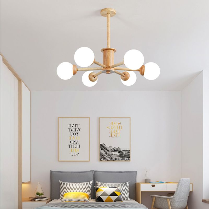 Modern Wood Chandelier Light Fixtures Multi-Head Hanging Pendant Lights with Globe Glass Shade