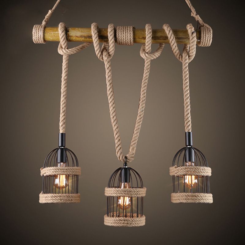 3-Light Island Lamp Farm Birdcage Metallic Hanging Ceiling Light with Jute Rope Cord