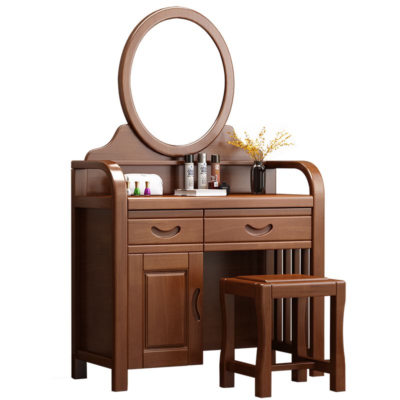 Traditional 2-Drawer Solid Wood Dressing Table with Mirror Makeup Vanity Stool