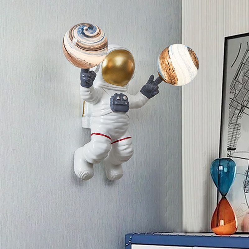 Blown Glass Planet and Astronaut Wall Light Kids Style 2-Head Wall Lighting Fixture