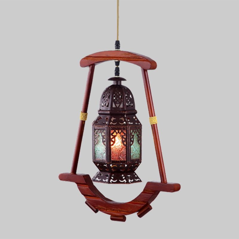 Lantern Bedroom Ceiling Light Rustic Metal 1 Light Copper Suspension Lamp with Wood Frame