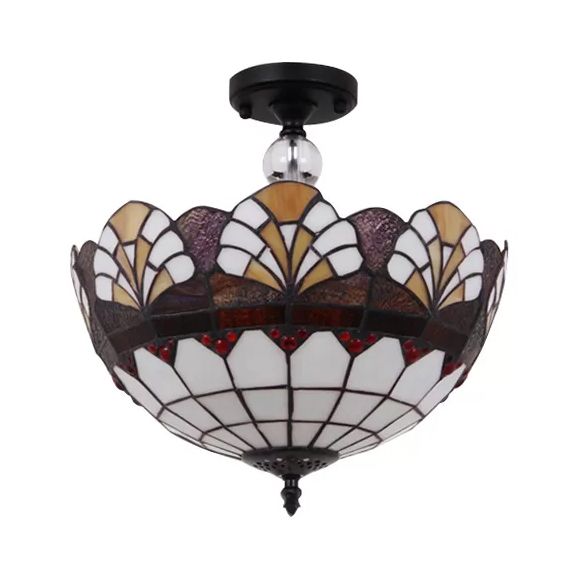 12 "/16" W Scalloped Semi-Flush Light Traditional Tiffany Stained Glass Ceiling Lamp with Leaf / Victorian / Circle Pattern in Bronze for Foyer