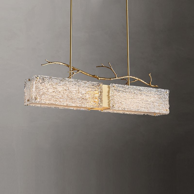 2-Light Island Light Modern Style Rectangular Shape Glass Pendant Lighting in Gold