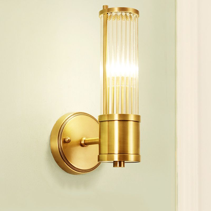 Ribbed Crystal Pole Wall Lamp Traditional 1/2-Light Bedroom Wall Sconce Lighting in Brass