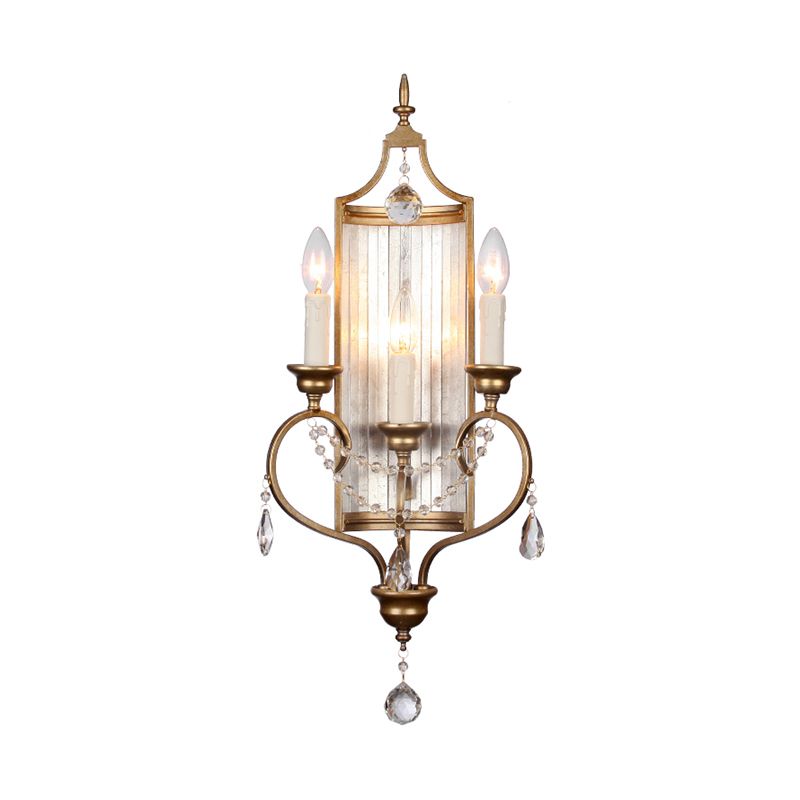 French Country Candle Sconce Lamp 3-Light Metallic Wall Lamp in Gold with Crystal Deco
