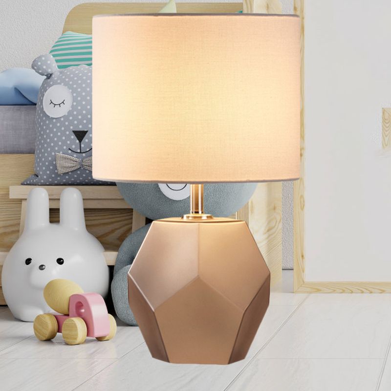 Single-Bulb 3D Hexagon Table Lamp Modern Grey/Pink/Yellow Glass Night Light with Drum Fabric Shade