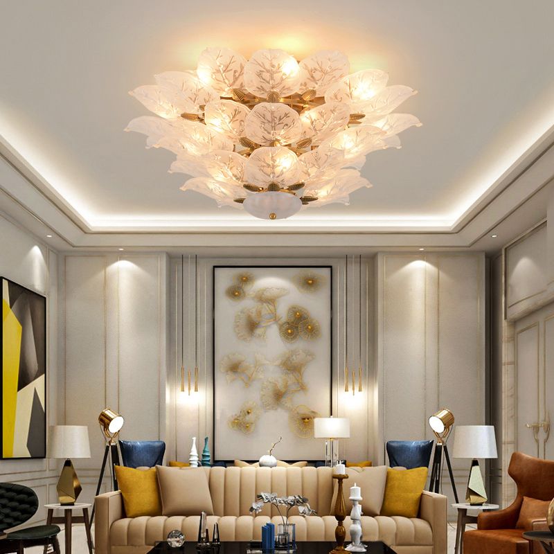 Leafy Semi Flush Mount Lamp Contemporary Frost Glass 10-Light Living Room Ceiling Fixture in Gold