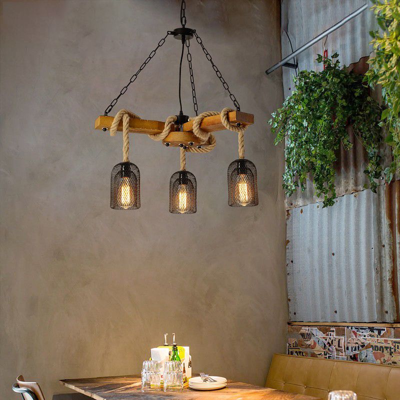 Wire Mesh Restaurant Ceiling Fixture Wood and Rope 3/6 Lights Lodge Stylish Pendant Lighting with Base in Brown