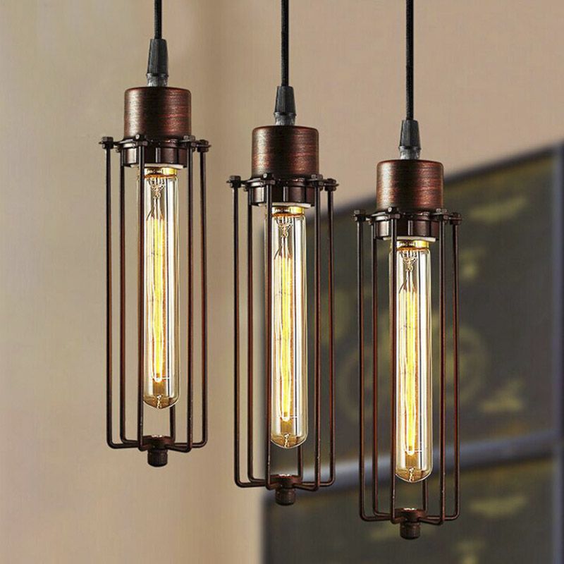 Dark Rust Tube Pendant Lighting Vintage Style Metallic 1 Bulb Kitchen Hanging Lamp with Wire Guard