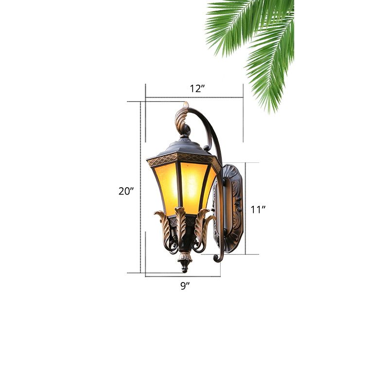 1-Light Amber Glass Wall Lamp Vintage Black Flared Villa Garden Wall Sconce Light