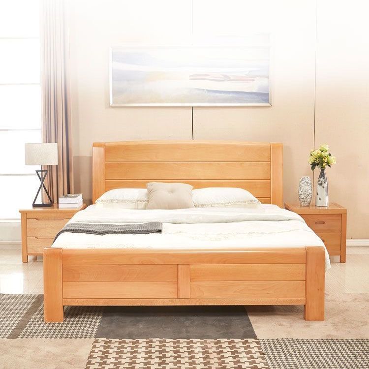 Scandinavian Beech Wood Bed with Legs and Sleigh Headboard in Natural