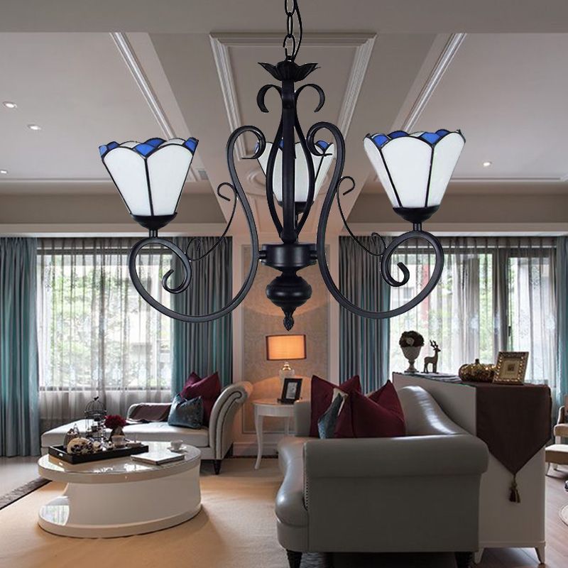 White Glass Cone Chandelier Lamp with Adjustable Metal Chain 3 Lights Tiffany Pendant Light