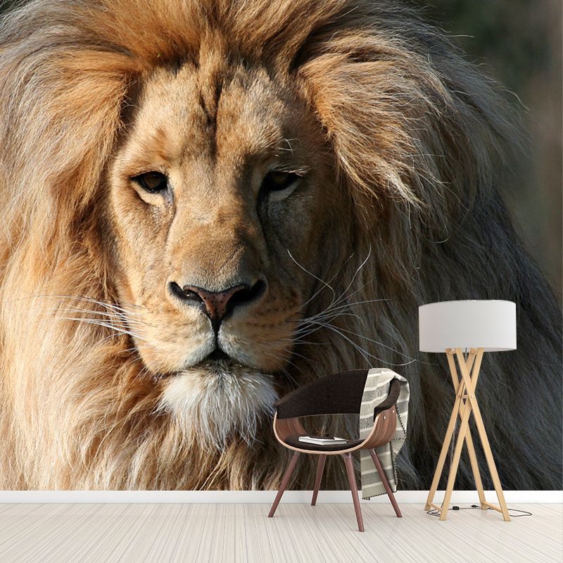 Modern Boys Wall Mural Decal with Lion Head Pattern Brown Wall Art for Living Room