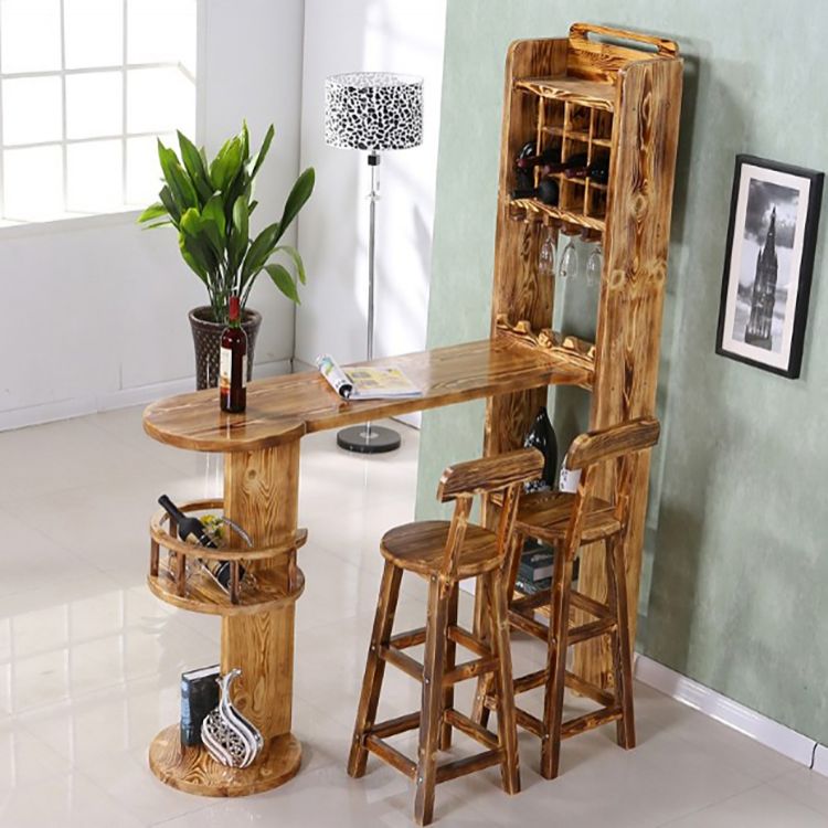 Brown Pine Wood Bistro Table with Wine Holder Pub Table for Home
