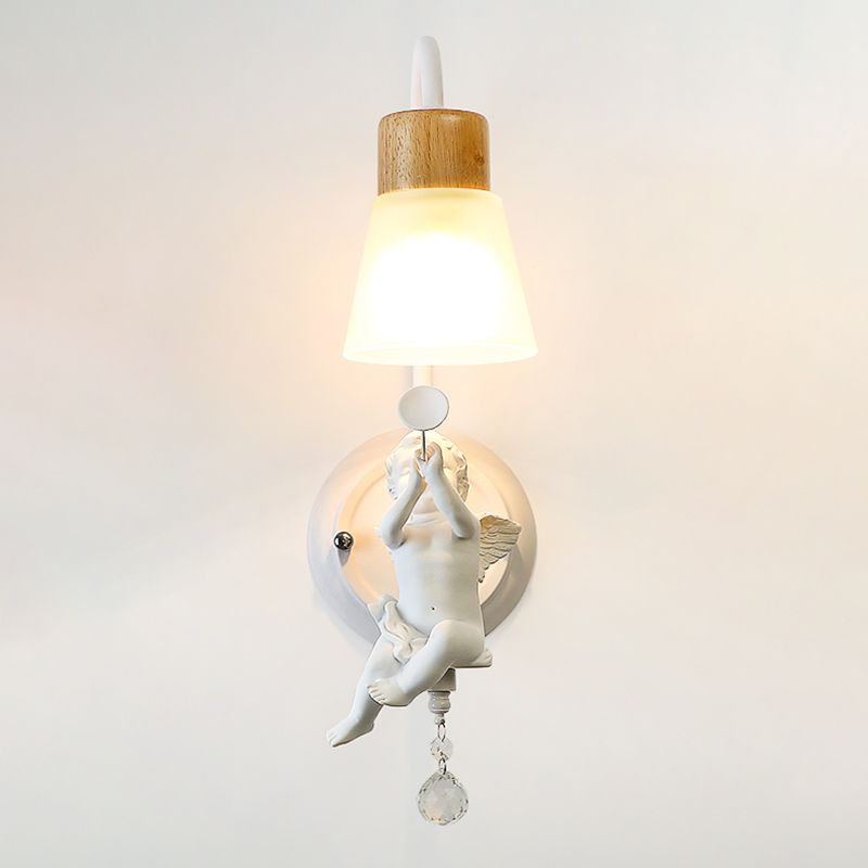 Modern Kids Wood Wall Sconce Geometric Shape Metal Wall Light with Glass Shade for Bedroom