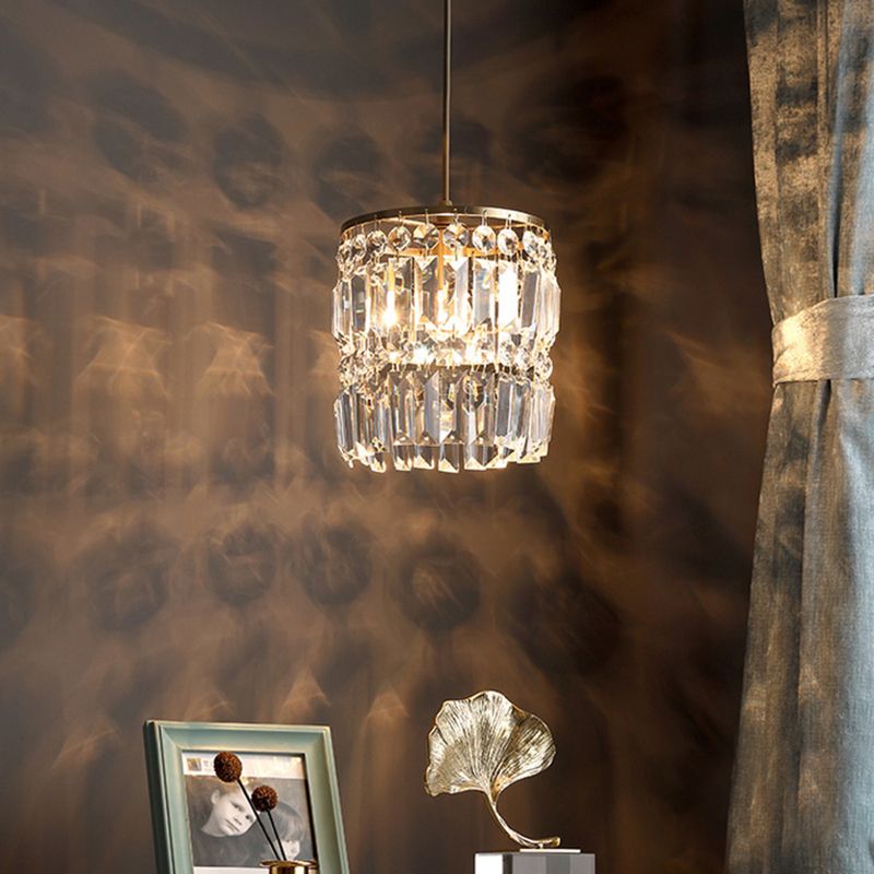 Crystal Cylindrical Pendant Light Fixture Modernist 1-Head Ceiling Suspension Lamp in Brass