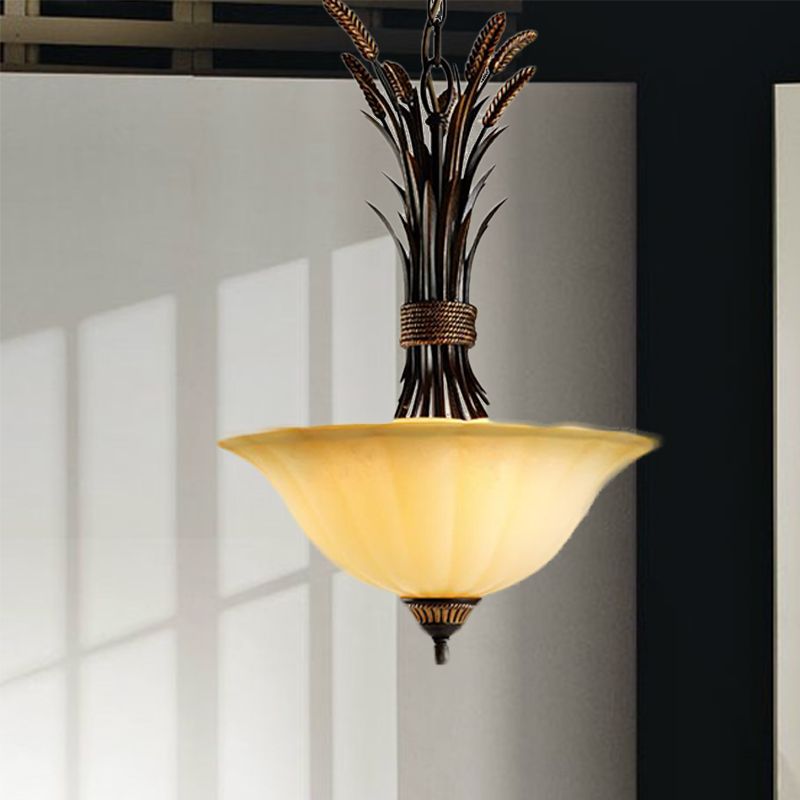 3 Heads Chandelier Pendant Lighting Traditional Wide Flare Beige Frosted Glass Ceiling Suspension Lamp in Black