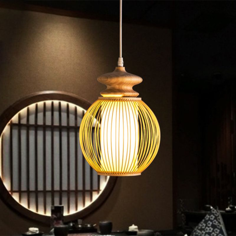 Bambus Global Shade Hanging Lampe Asian Style 1 Leuchte Leuchte Leuchte mit Holzkappe in Beige, 9 "/12" Dia