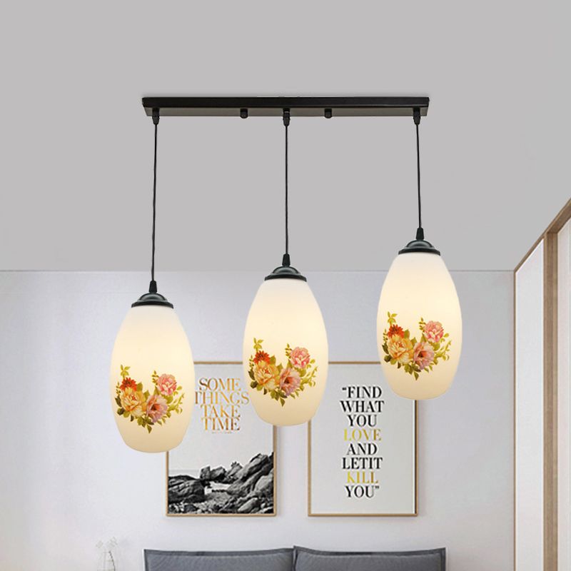 Minimalism Oval Multi Lamp Pendant 3 Heads White Frosted Glass Suspension Light in Black with Linear/Round Canopy