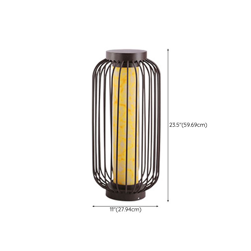 Contemporary Birdcage Outdoor Solar Pillar Lamp in Black for Courtyard