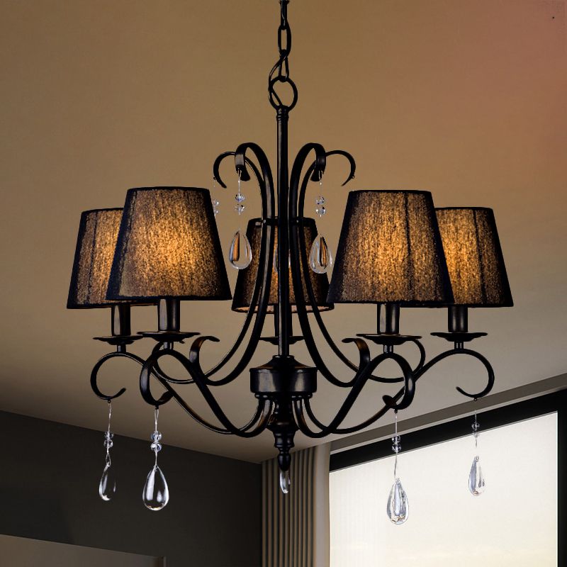 Black Conical Suspension Pendant Rustic Fabric 5 Lights Living Room Chandelier with Swirl Arm and Crystal Drop