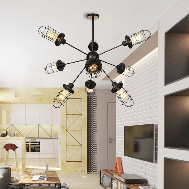 Caged Chandelier Lamp Farmhouse Style Iron 9/12/15 Lights Black Finish Hanging Ceiling Fixture with Sputnik Design