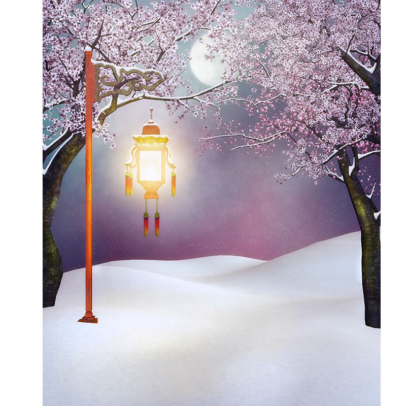 Huge Snowfield and Streetlamp Mural for Bathroom Winterscape Wall Art in Pink, Moisture Resistant