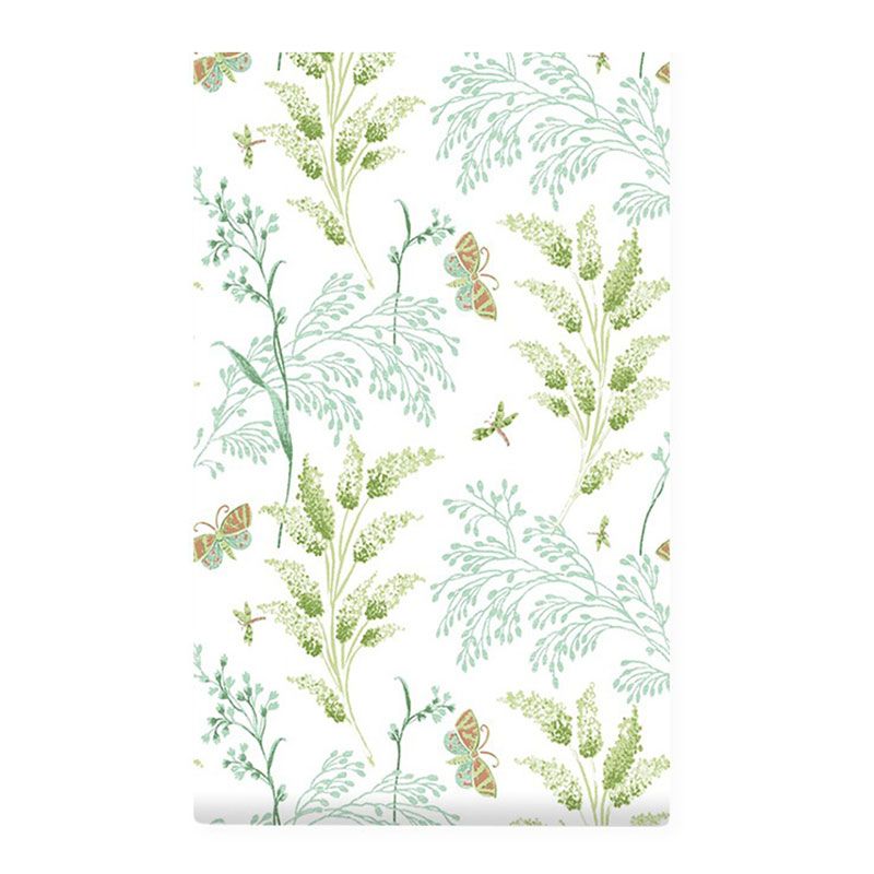 Flowers and Leaves Wall Decor in Green and White, Minimalist Wallpaper for Guest Room