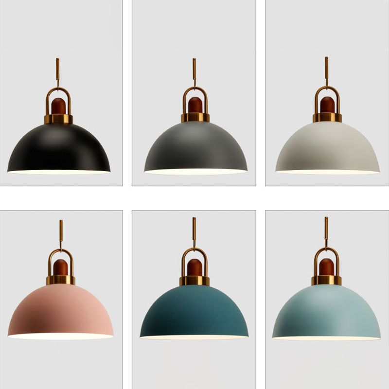 Metal Hemispherical Hanging Light Nordic Style 1 Light Restaurant Ceiling Pendant Lamp with Wooden Top