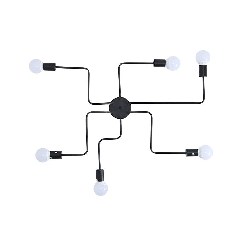 Loft Industrial Exposed Semi Flush Light Fixture 4/6-Head Metallic Ceiling Light Fixture in Black/White for Living Room