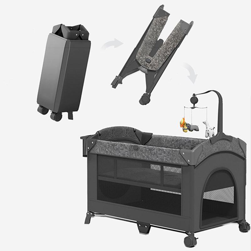 4-in-1 Folding Crib in Black and Gray Mattress Included Crib with Storage and Casters