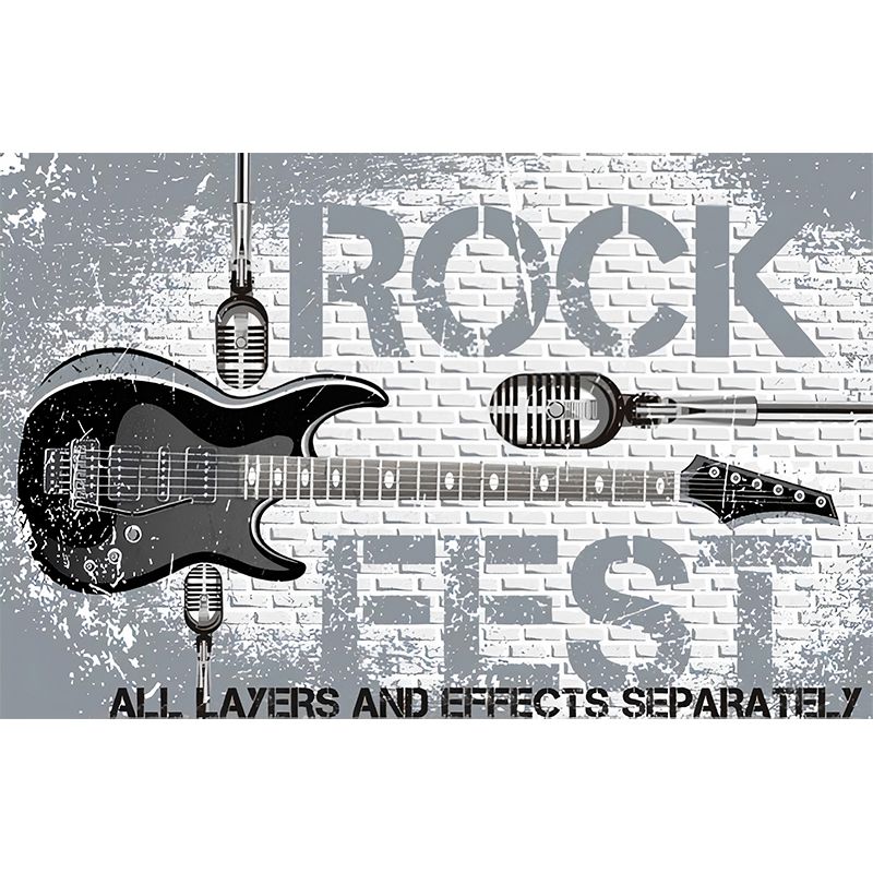 Guitar Wall Mural in Grey, Fashion Wall Covering for Accent Wall