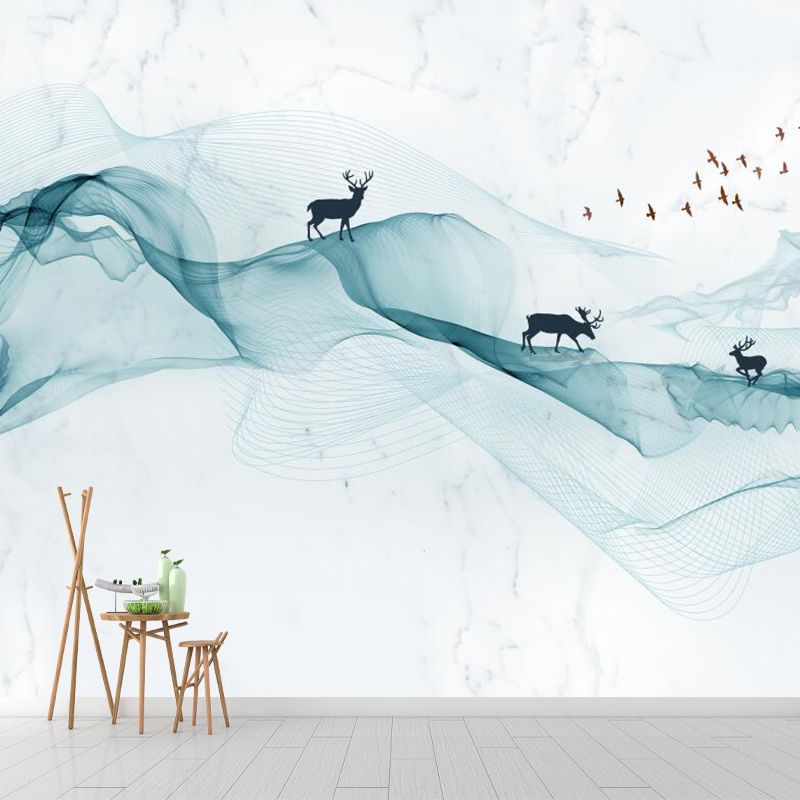 Modern Art Deer-Mountain Murals for Living Room Custom Size Wall Decor in Green-White