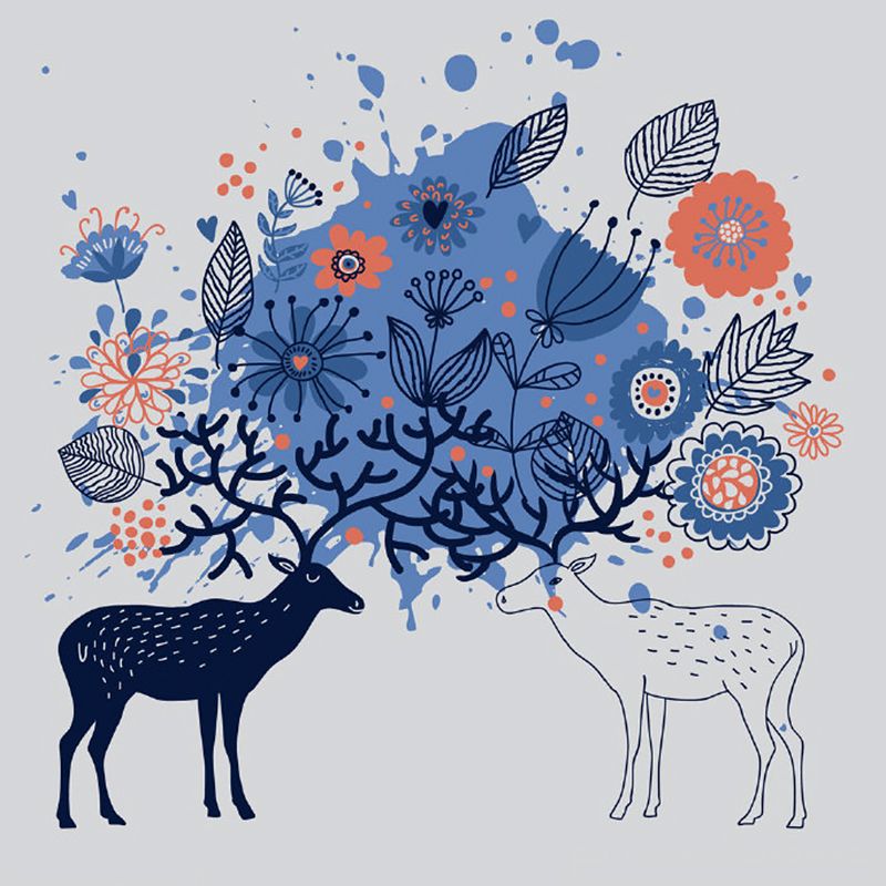 Childrens Art Sika Deer Mural Blue Stain-Resistant Wall Decor for Bedroom, Non-Woven