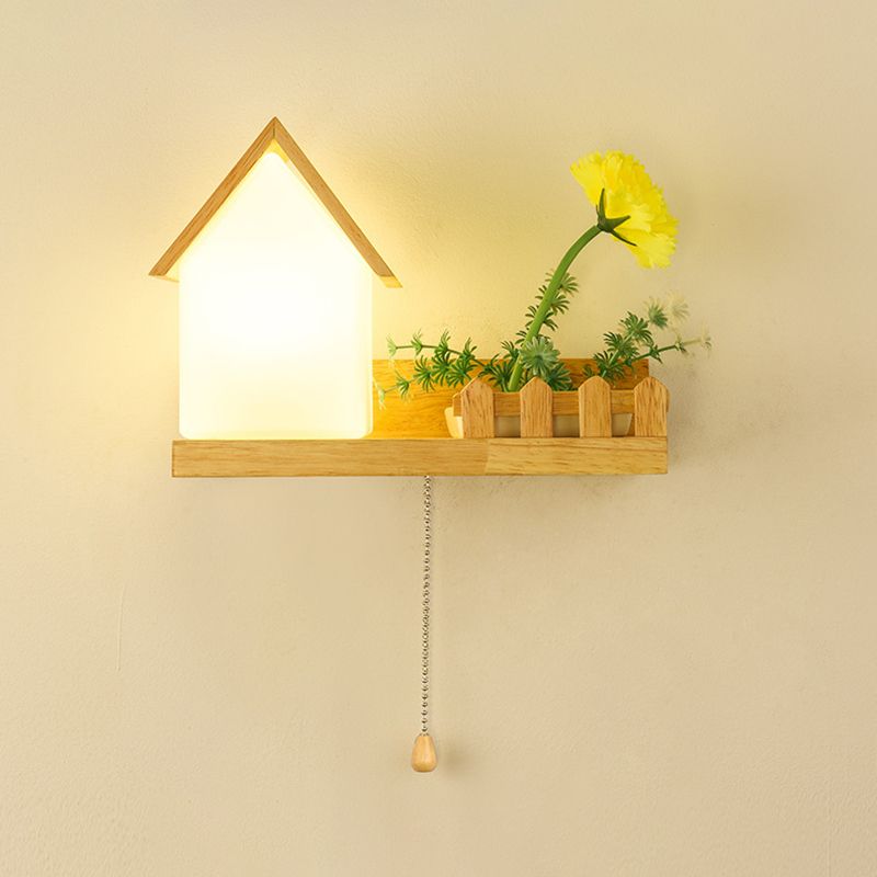 Modern Style House Shade Wall Light Wood 1 Light Sconces for Bedroom without Plant
