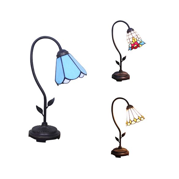 Blue/Red/Yellow Cone/Bell Shade Table Lamp Tiffany Stylish 1 Light Stainless Glass Table Lighting with Curved Arm